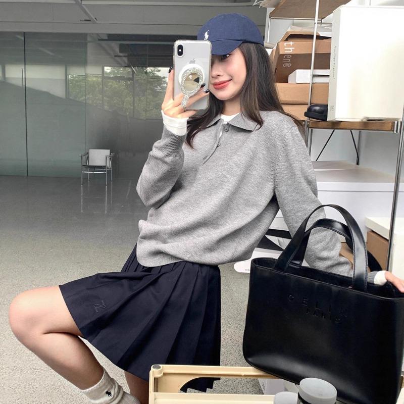 College Style Gray Polo Neck Sweater Women's Spring and Autumn New Loose and Thin Versatile Long-sleeved Knitted Sweater Top