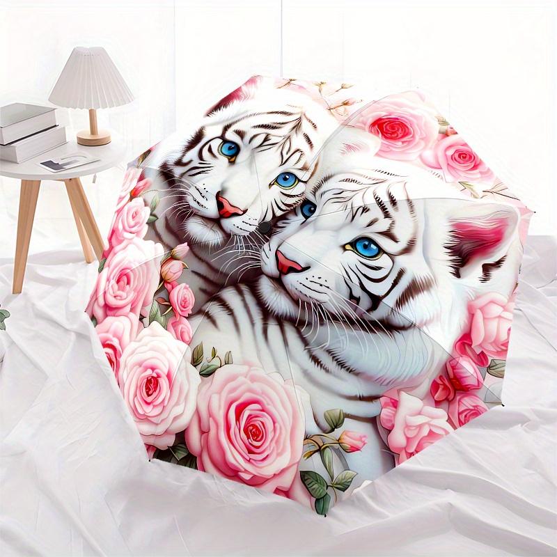 Tiger Cubs Roses Automatic Folding Umbrella 8 Ribs, Durable Iron Frame, Bright Color Pattern Compact Travel Umbrella, Suitable for Outdoor,