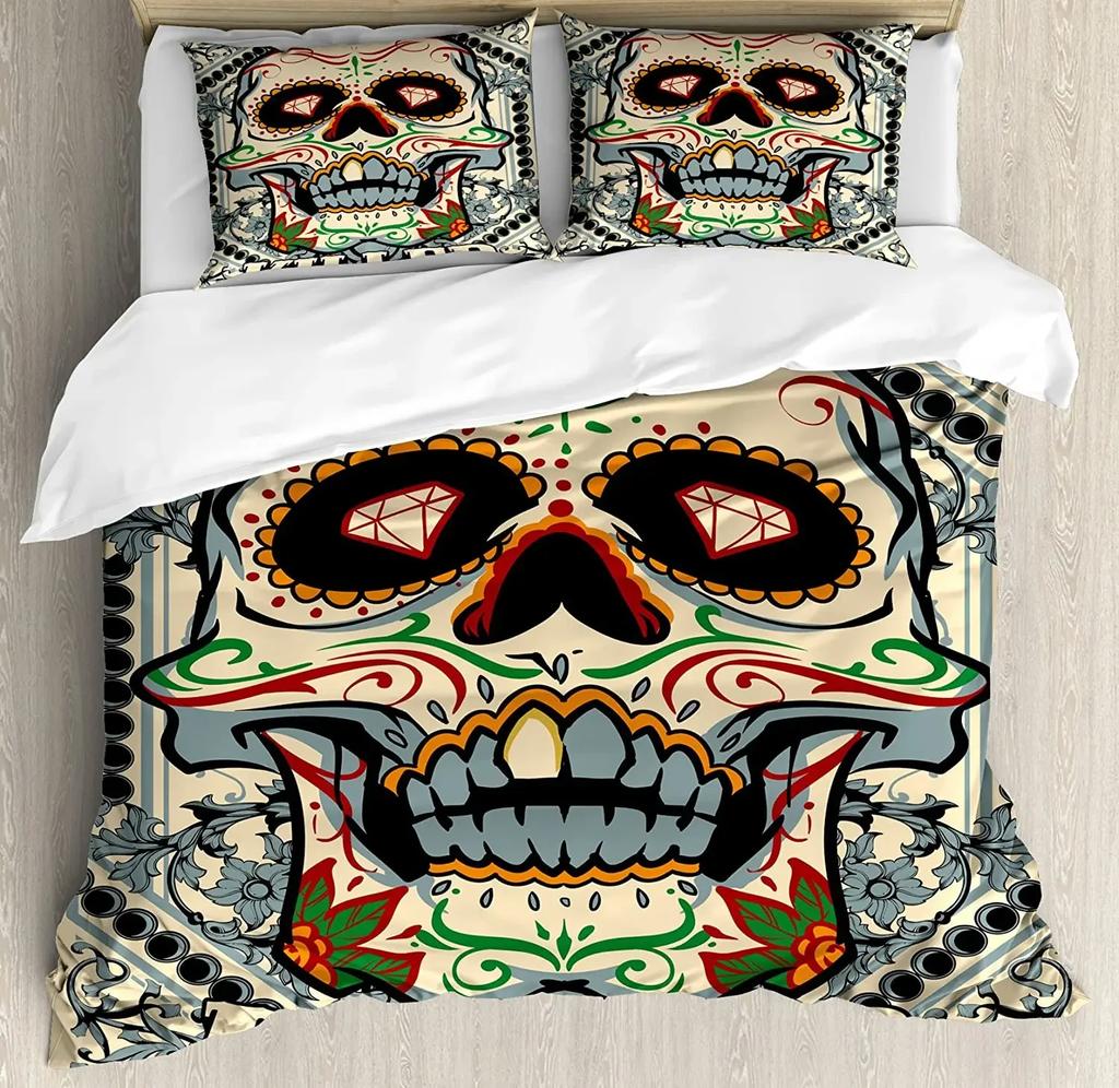 Sugar Skull Duvet Cover Set,Sugar Killer Calaveras Framework Day Of The Dead Vintage Gothic Design Print,Skull Bedding Set