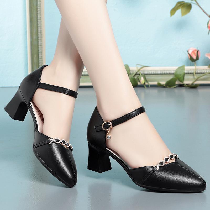 Модные летние модные элегантные красивые офисные туфли на толстом каблуке для женщин милые черные туфли-лодочки на мягкой подошве со стразами