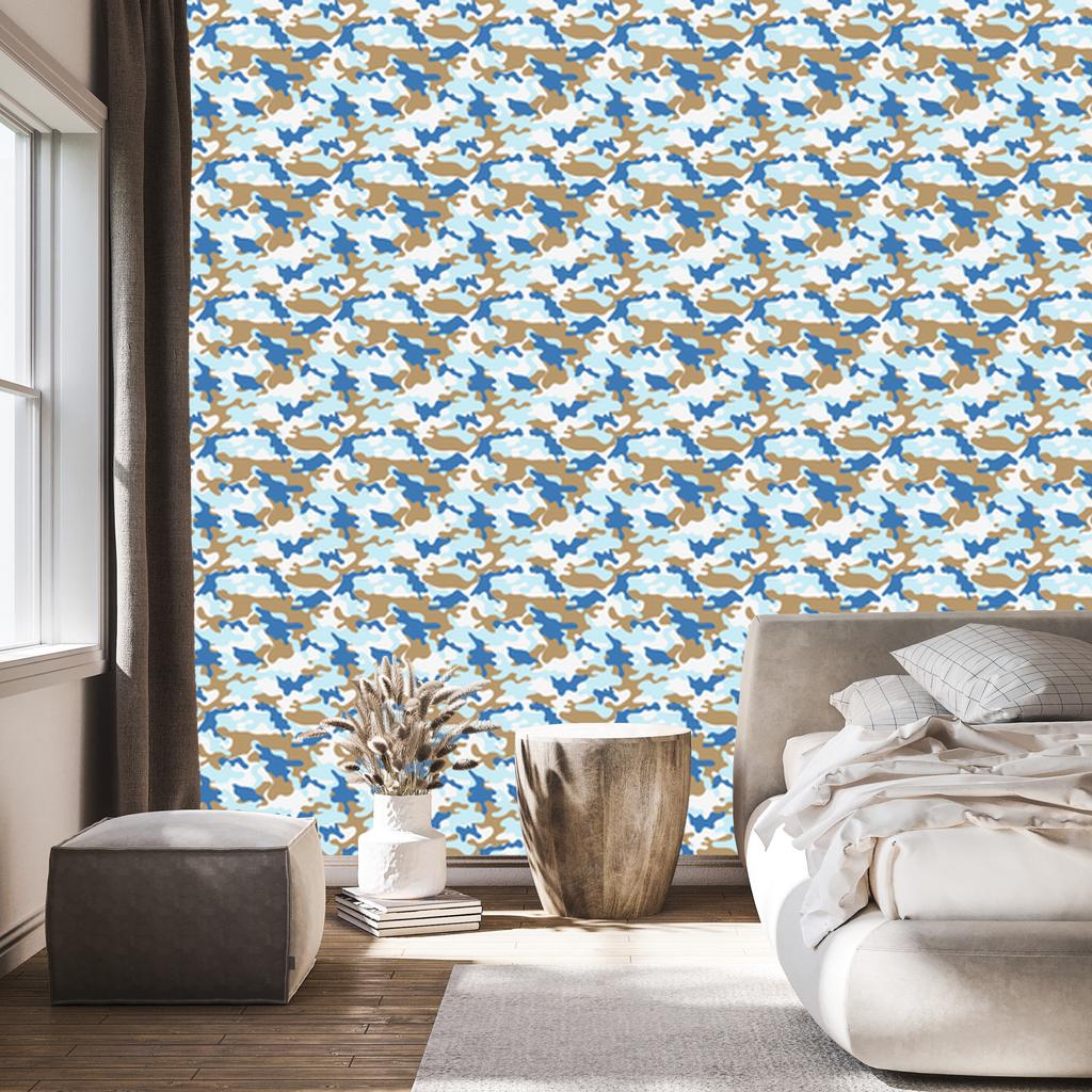 Military Camouflage Wallpaper Blue and Beige for Living Room and Bedroom 50x1000