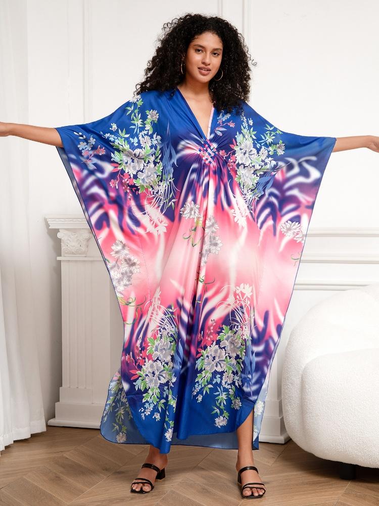 EDOLYNSA Classy Oversized Blue Bohemian Women's Kaftan Robe Holiday Party Dress Light jacket Swimsuit cover-up Lounge wear Q1289
