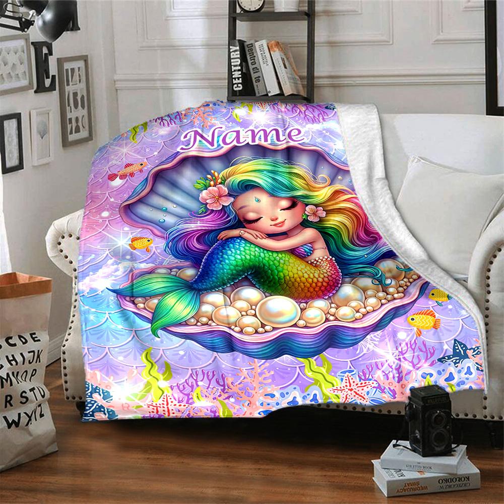 Mermaid Sea Shell Pearl Customize Your Name Blankets Comfortable Soft Lightweight Allseason Multipurpose Blanket For Picnics Sofas Offices Beds Living