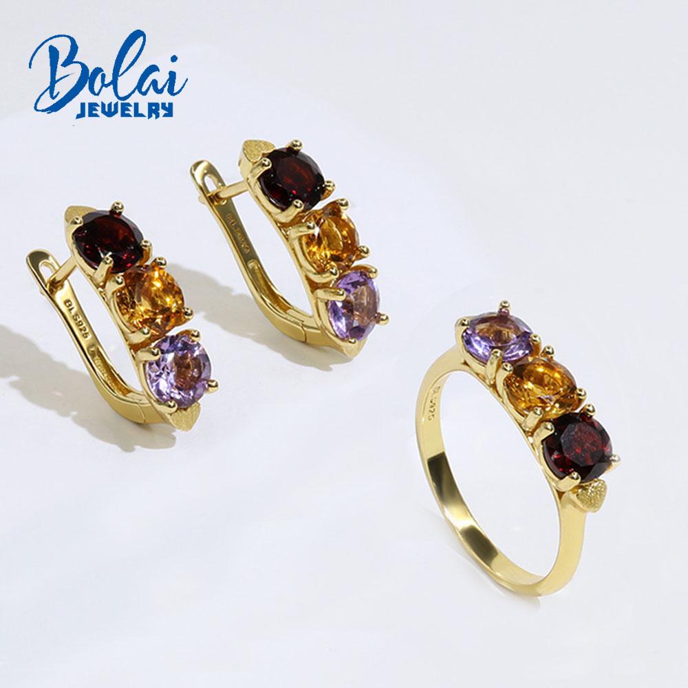 925 Sterling Silver Jewelry Set Natural Mix Gemstones Round 6mm Clasp Earrings Rings Classic Designs for Women Wife Nice Gift