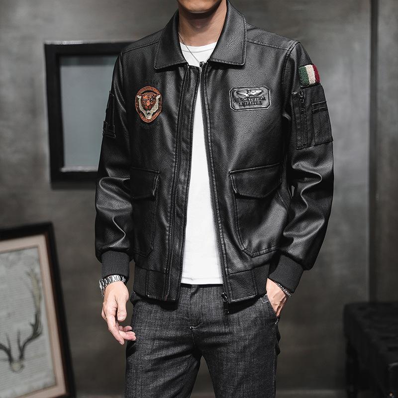 Мужская кожаная куртка мужская корейского стиля облегающая мужская куртка в мотоциклетном стиле с лацканами и вышивкой