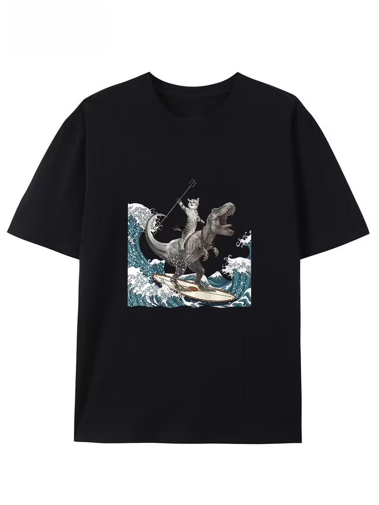 Funny Print Crew Neck Tshirt With Surfing Dinosaur And Cat Adventuresummer Fashion Short Sleeveunisex Casual Daily Style To
