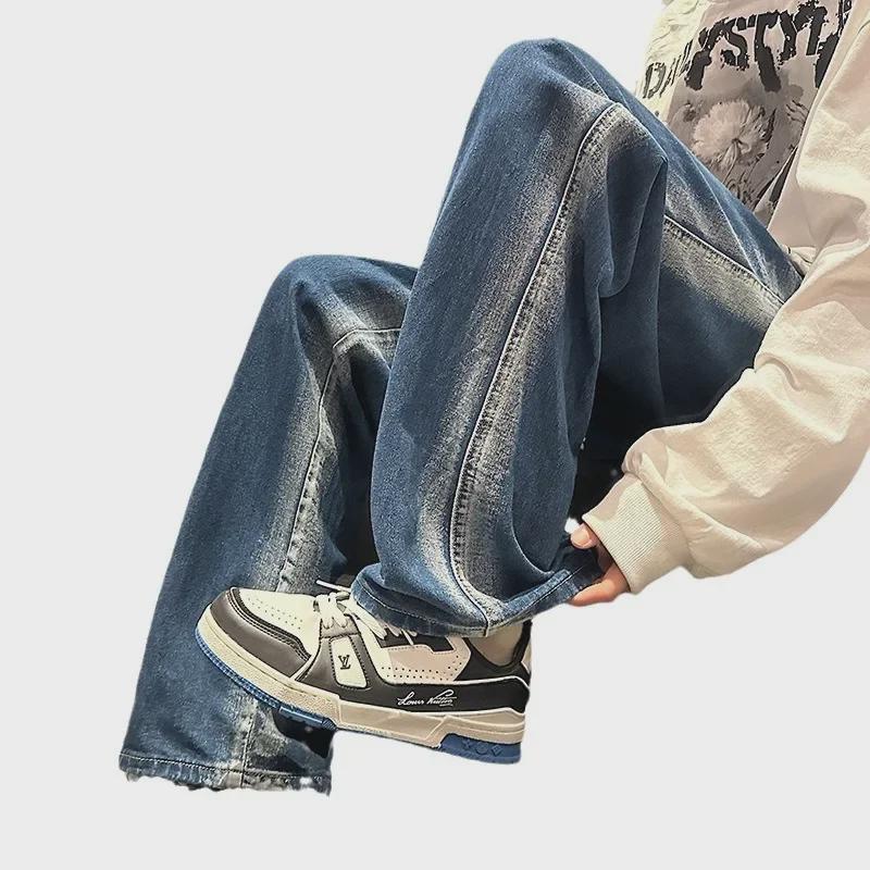 Мужские осенне-зимние корейские свободные покройные джинсы с широкими штанинами