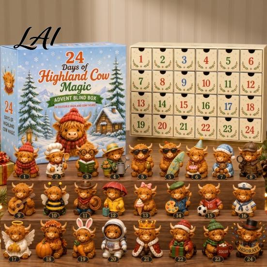 Farmhouse Style Holiday Accents Magic Animal Advent Calendar 24-Day Highland Cow/Cat/Sheep/Red Bird Acrylic Ornament Set Collectible Figures 2D Flat