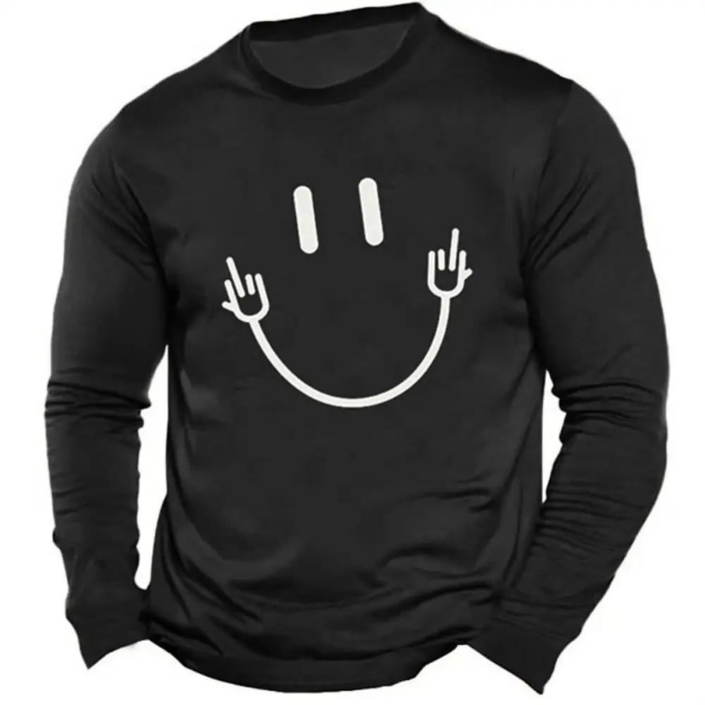 Футболка с длинным рукавом с 3D-принтом и рисунком смайлика для мужчин, простая мода, с объемным круглым вырезом и длинным рукавом