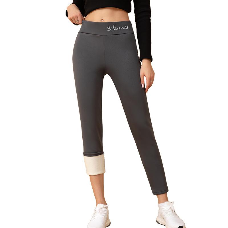 Fleece Lined Thick Sherpa Leggings Women Letter Embroidery Slim Fit Outdoor Wear Ankle Pants Warm Trousers