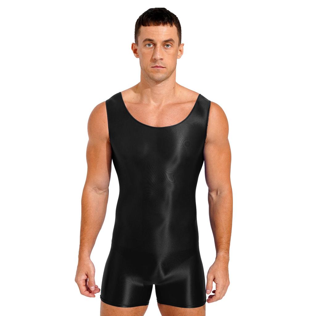 Мужской глянцевый эластичный безрукавный купальник-боди с U-образным вырезом