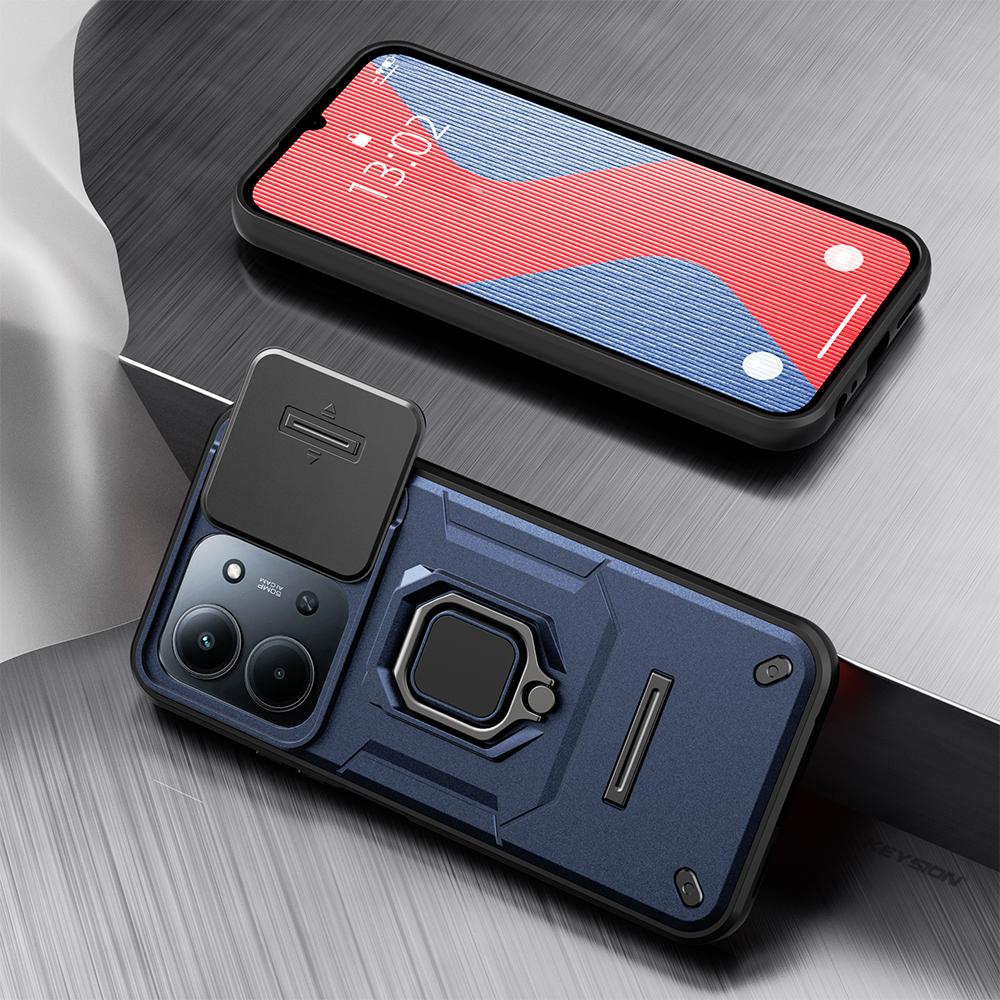 KEYSION Ударопрочный бронированный чехол для Redmi 15C 171мм 173мм Защита выдвижной крышки камеры Металлическое кольцо-подставка Задняя крышка телефона для POCO C85