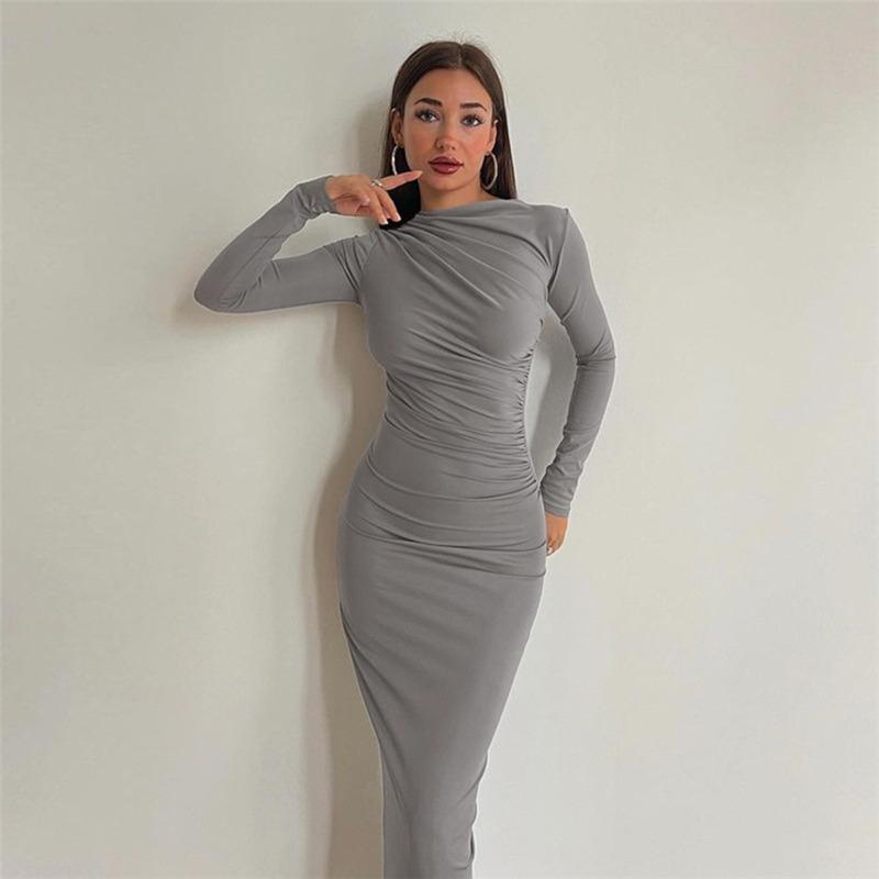 Spring Autumn Slim Fit High-end Feeling Solid Color Temperament Long Hip Hugging Dress for Women