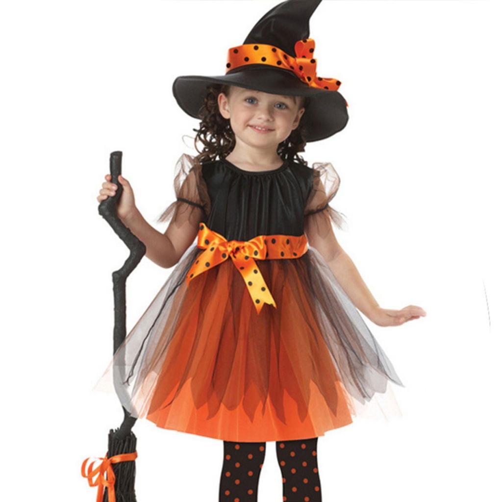 Halloween Girls Dress Printed Dress Witch Role Play Cosplay Costume Masquerade Costume With Hat
