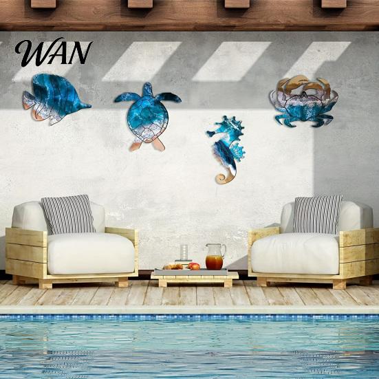Durable Summer Decor Sign 4 Pcs Wooden Sign, Coastal Ocean Animal Hanging Decor, Cute Sea Seaside Home Turtle Crab Seahorse Wall Plaque for