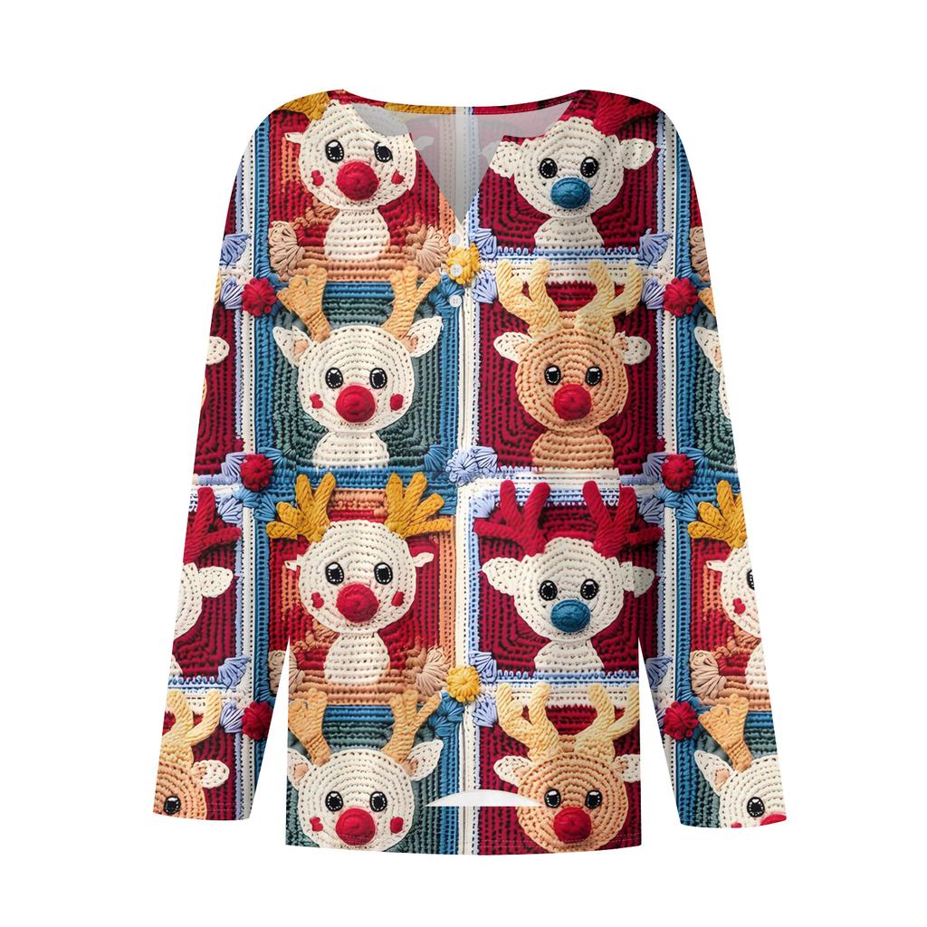 Женская модная повседневная футболка с V-образным вырезом, на пуговицах, с длинным рукавом, с рождественским принтом