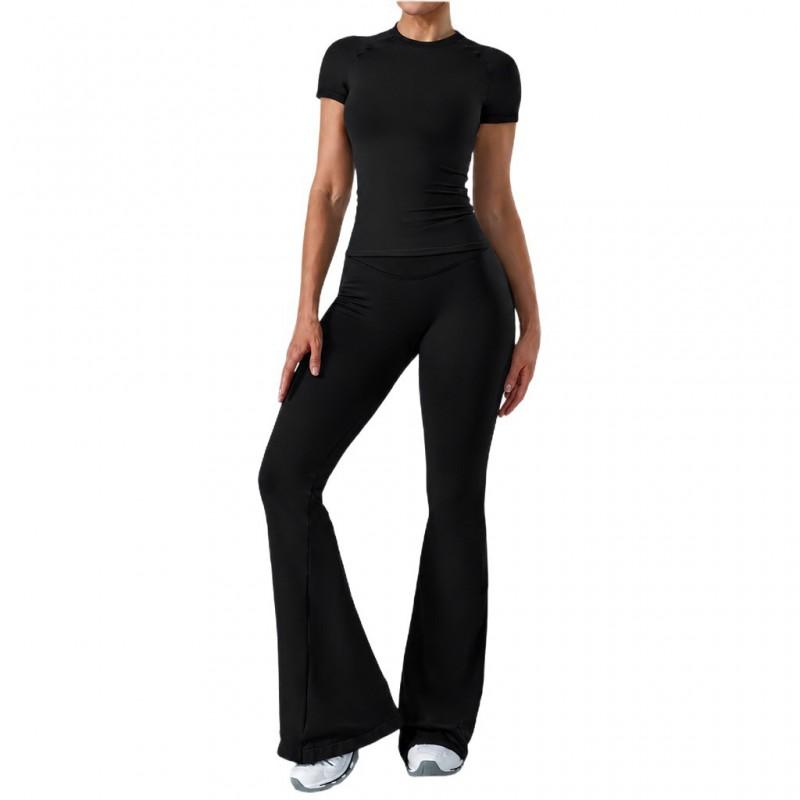 Womens High-Waisted Yoga Set With Butt-Lifting Effect Short Sleeve Top Flared Leggings Gym Fitness Running Dance