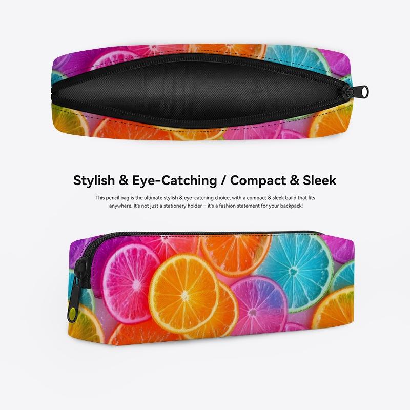 DIY Orange Pattern Large Capacity Zipper Closure Portable Pencil Case for Schools and Offices Polyester for Students