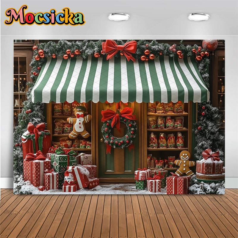 Mocsicka Christmas Shop Photo Background Winter Snow Gift House Store Decorations New Year Party Backdrops Photography Wallpaper