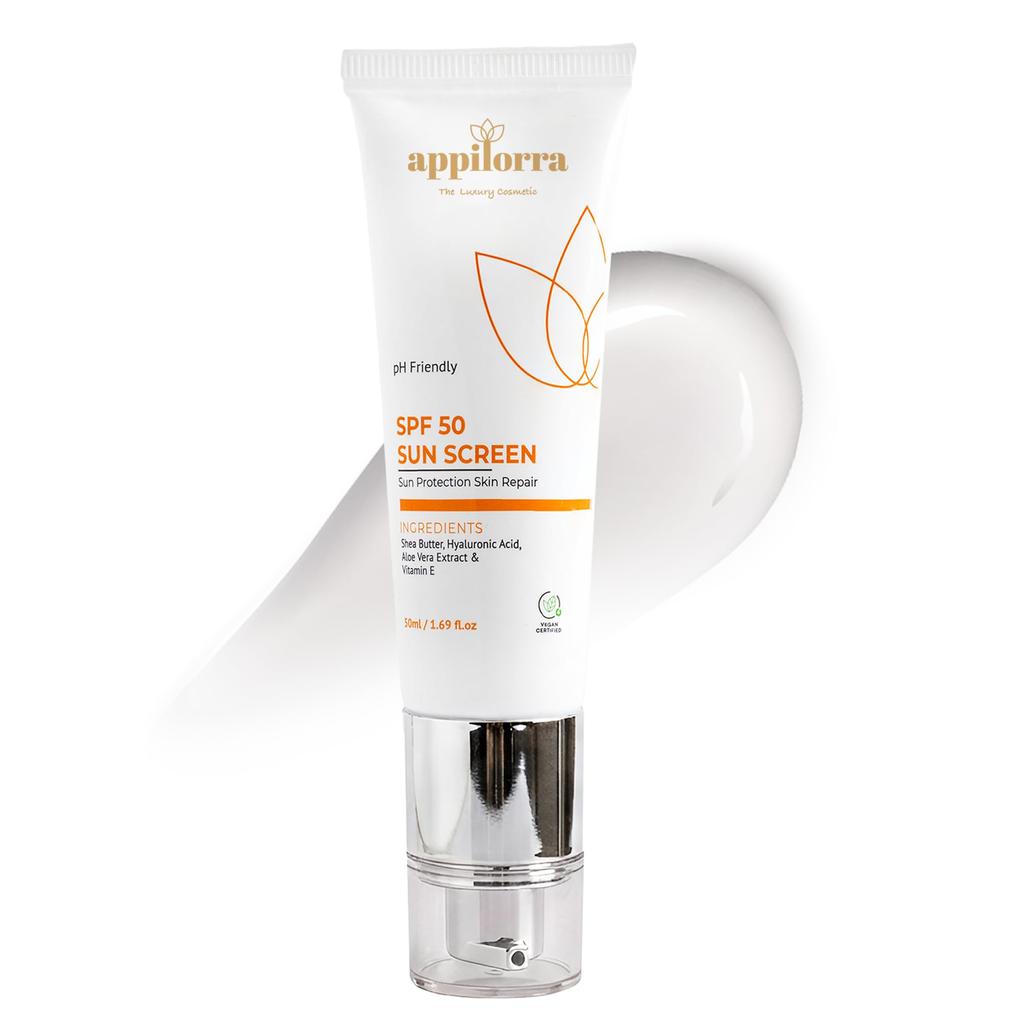 Appilorra Солнцезащитный крем SPF 50 PA+++ с маслом ши, гиалуроновой кислотой, алоэ вера и витамином E | Защита от UVA/UVB, Нежирный и водостойкий | Без W