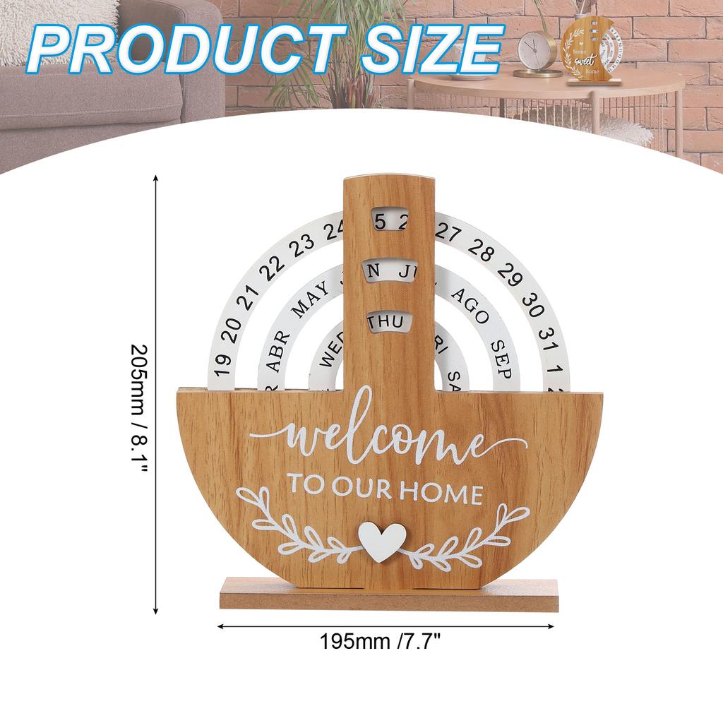 Wooden Perpetual Calendar Disc Stand Manual Rotating Turntable Calendar Month Week Date Display Home Office Desktop Decoration