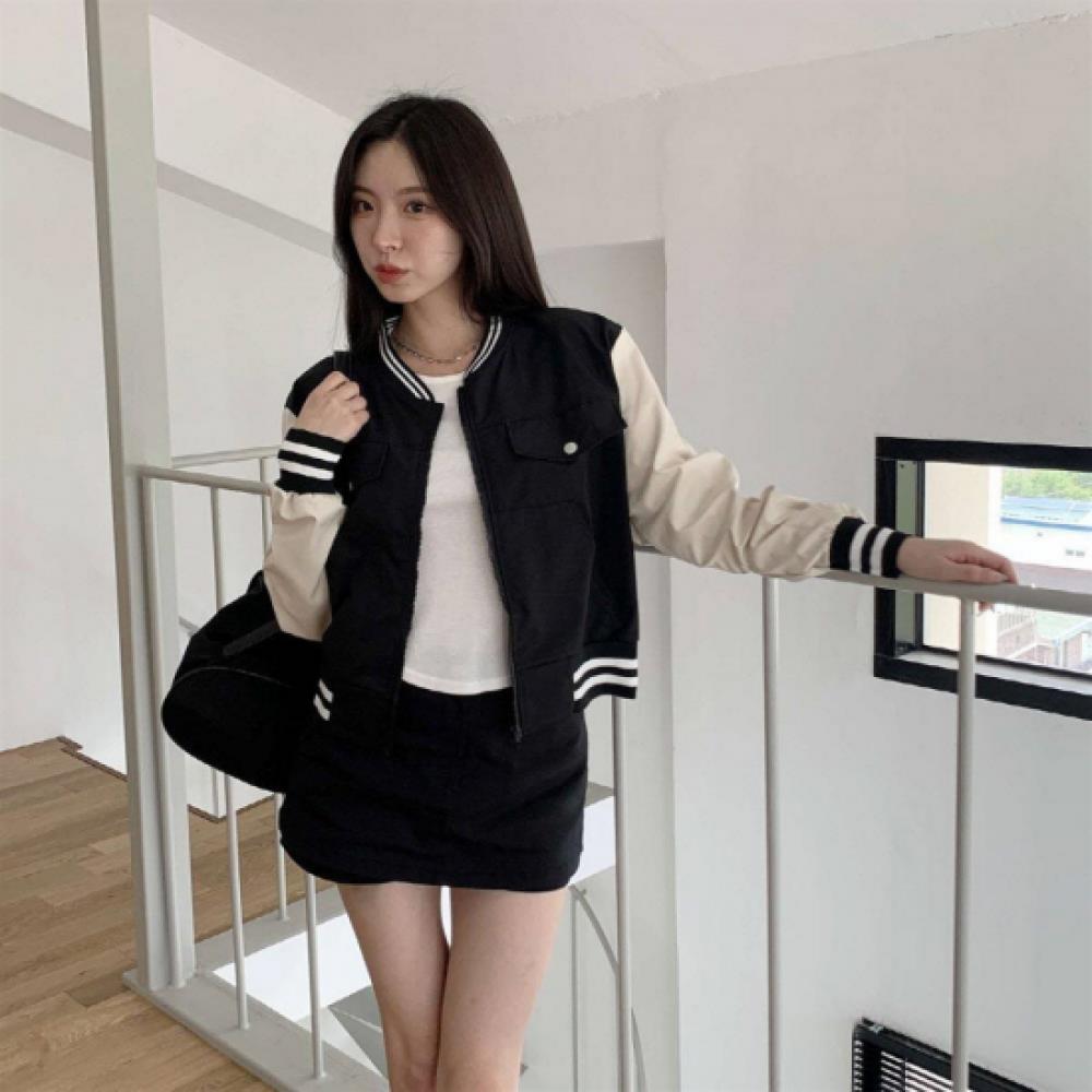 New Arrivals Open Run Women Hip Mood Color Block Bomber Jacket No Collar Fake Pp