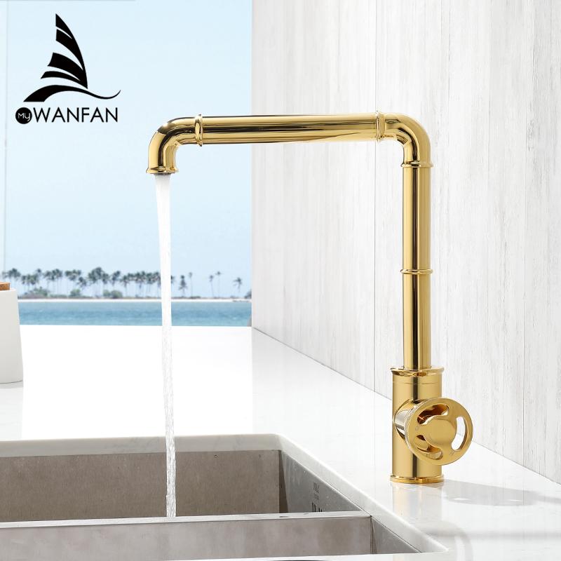 Kitchen Faucets Retro Industrial Style Gold Brass Crane Bathroom Faucets Hot and Cold Water Mixer Tap Torneira WF-20B05K