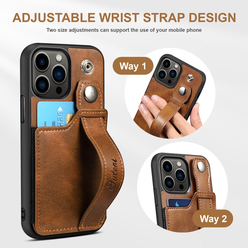 Luxury Leather Phone Case for iPhone 15 Pro Max 14 Plus 13 12 Pro 15Pro with Card Slot & Wrist Strap Holder Back Cover LS215