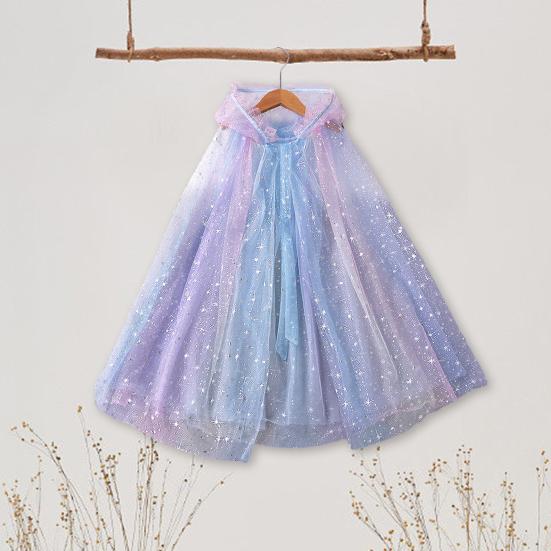 Плащ с капюшоном для девочек, звезда, снежинки, павлиньи перья, прозрачный тюль с рюшами, сценический костюм для косплея, детское платье, накидка принцессы, шаль