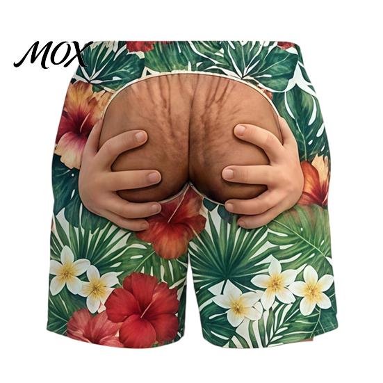 Funny Gift for Men Hairy Booty Shorts, Cheeky Swim Trunks, 3D Fun Flamingo Pattern Shorts Butt Print Beach Summer Vacation Pool Party Surfing Gear