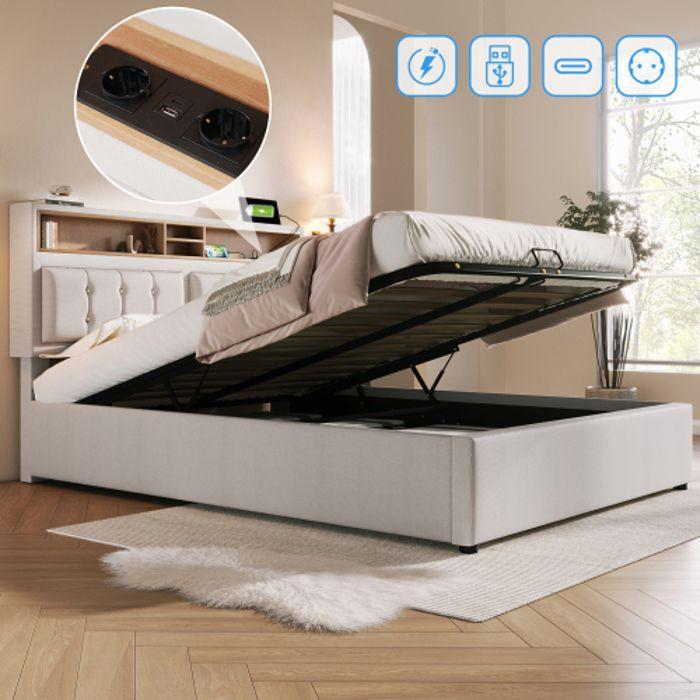 Lit double capitonné avec tête de lit et prise USB C, cadre de lit en lin, 140x200 avec sommier à lattes (avec matelas).