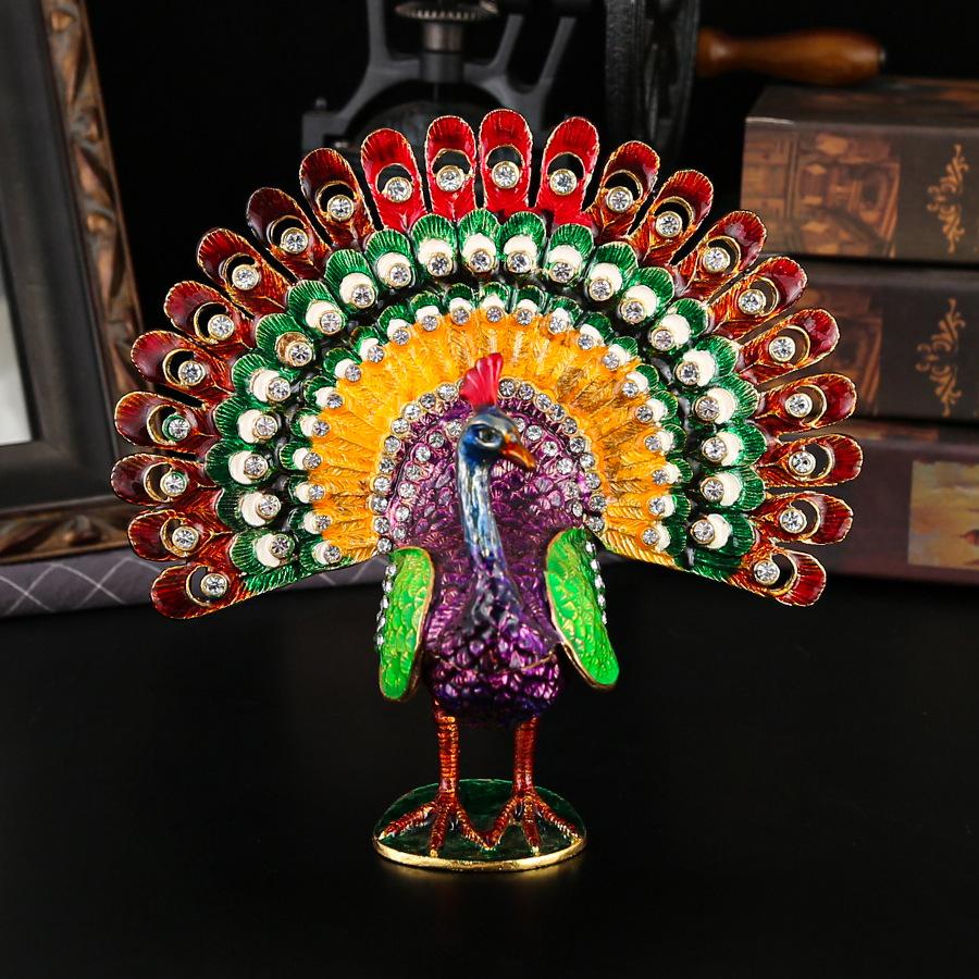 Новая шкатулка для украшений с открывающимся экраном в виде павлина, эмалированного цвета, с бриллиантовым павлином, домашний орнамент, изделия из металла, откидная