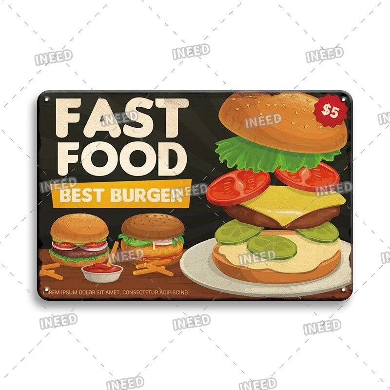 Mfoever Burger Sign Best In Town Beef BBQ Vintage Decor Hotdogs Kitchen Decorations Wall Plaque Retro Decor Vintage Food Sign
