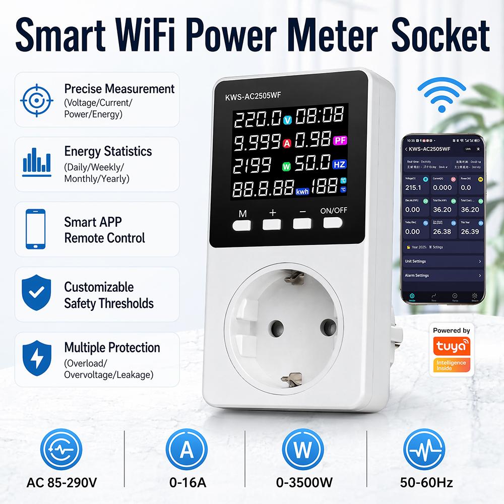 AC85-290V 16A Умная розетка-счетчик электроэнергии Tuya WiFi Управление через приложение Монитор напряжения, тока, мощности, энергии Статистика электроэнергии Розетка