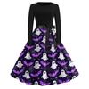 Women Casual Vintage Halloween Print Dress Long Sleeve Round Neck Retro Fit and Flare Midi Dress with Waist Tie Belt