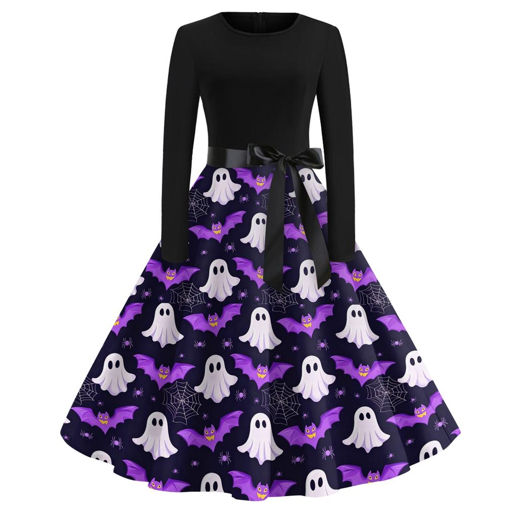 Women Casual Vintage Halloween Print Dress Long Sleeve Round Neck Retro Fit and Flare Midi Dress with Waist Tie Belt