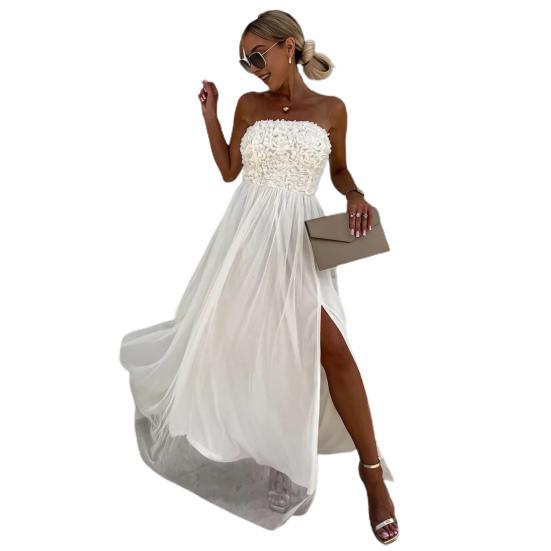 Женское вечернее платье с открытыми плечами-бандо с открытыми плечами и разрезом подолу, двухслойная цветочная аппликация, плиссированное кружевное бальное платье без рукавов с высокой талией, макси