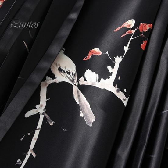 Chinese Style Women Maxi Skirt High Waist Vintage Skirt Elegant Flower Bird Print Hanfu Skirt Pleated Lace-up Horse Face Skirt