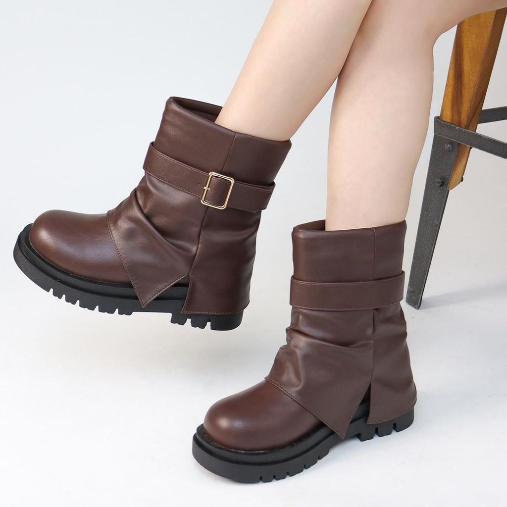 Короткий голенище толстый 5см красивый круглый мягкий ПУ синтетический большой размер японский размер обуви числовой [Liberty Doll] Женские ботинки, сапоги, драпировка, свободный,