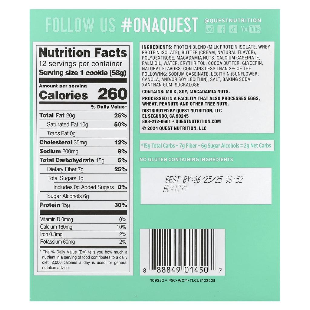 Quest Nutrition Protein Cookie, White Chocolate Macadamia, 12 Packs, 58 G (2.04 Oz) Each