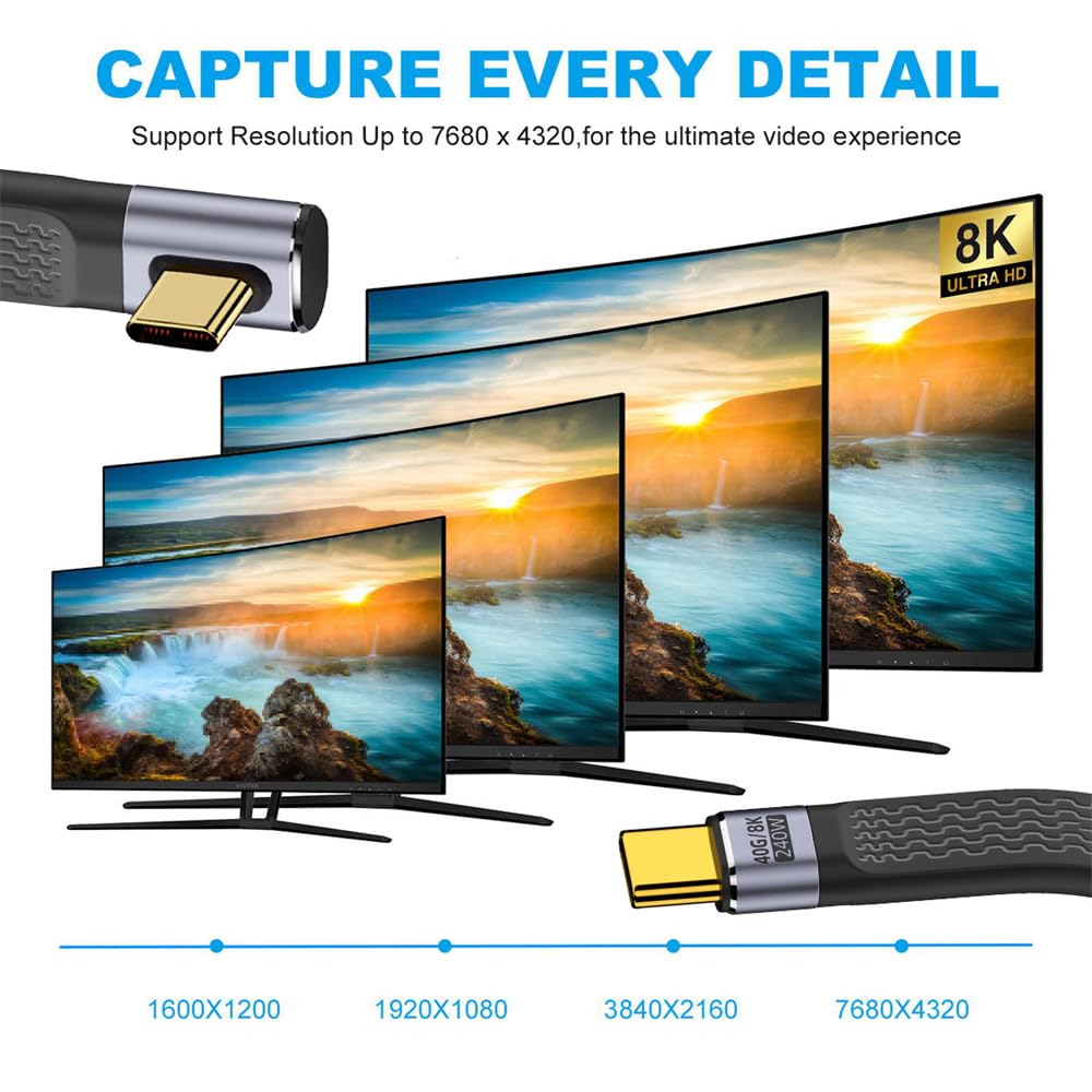 xiwai 8K Flat Slim FPC Data 240W Male to Low Profile Angled USB4 40Gbps 100W Cord for Laptop 13cm Cable, Type-C USB-C Male, Phone,