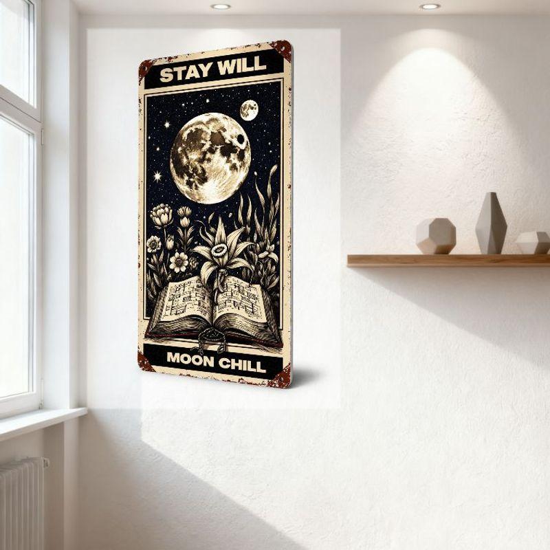 Vintage Moon & Music Open Book Metal Tin Sign, Dark Blue Night Sky Stars Double Moons Floral Decor, 'STAY WILL' & 'MOON CHILL' f