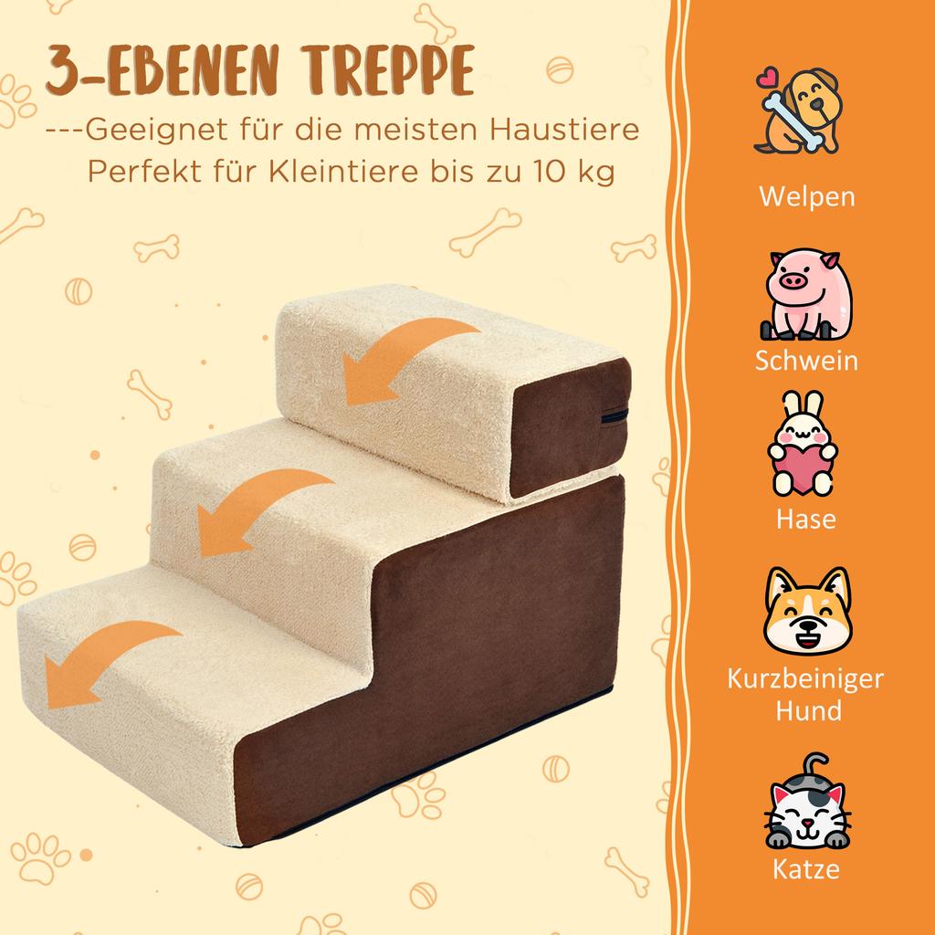 Pet Stairs Dog Stairs Cat Stairs 3 Steps for Cats and Dogs Plush Beige 54 x 40 x 39cm