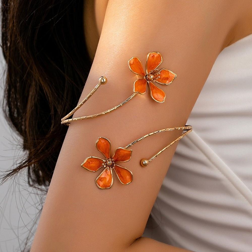 Adjustable Open Cuff Bracelets Enamel Drop Flower Floral Bangle Vintage Armlet