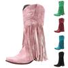 Бежевые ботфорты для женщин Женские ботинки Удобные Натягивающиеся Толстый каблук Остроносые Бахрома Запада Zapatos De Mujer