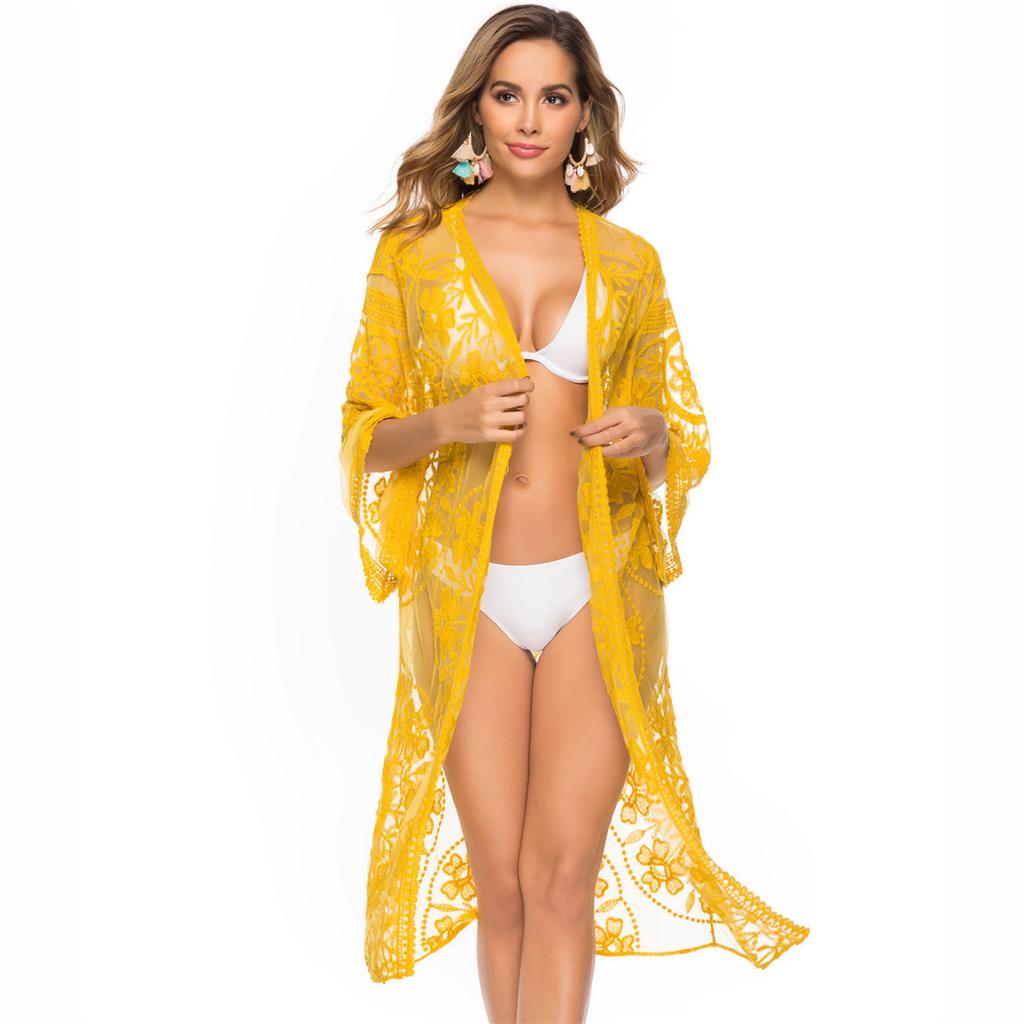Women's Cardigan Explosion Beach Coverup Mesh Bikini Outer Cardigan Lace Embroidery Sunbrella