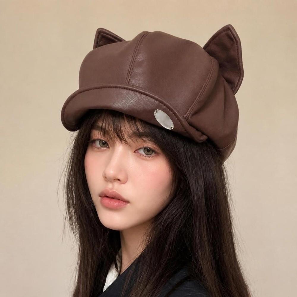Cute Ear Design Leather Beret Hat Black/Coffee Newsboy Cap Elegant Painter Hat All Seasons