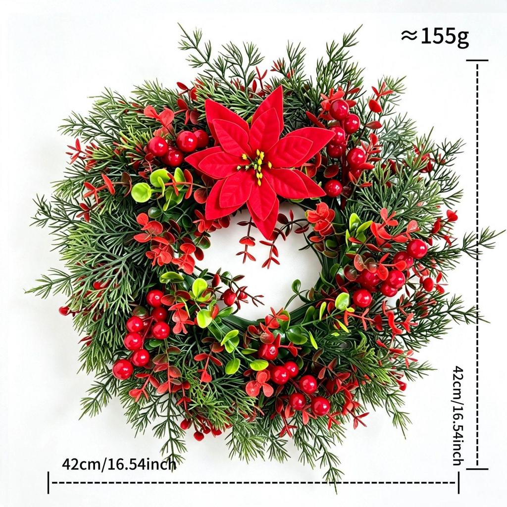 Christmas Red Berry Wreath with Bow - Decorative Hanging for Doors and Windows