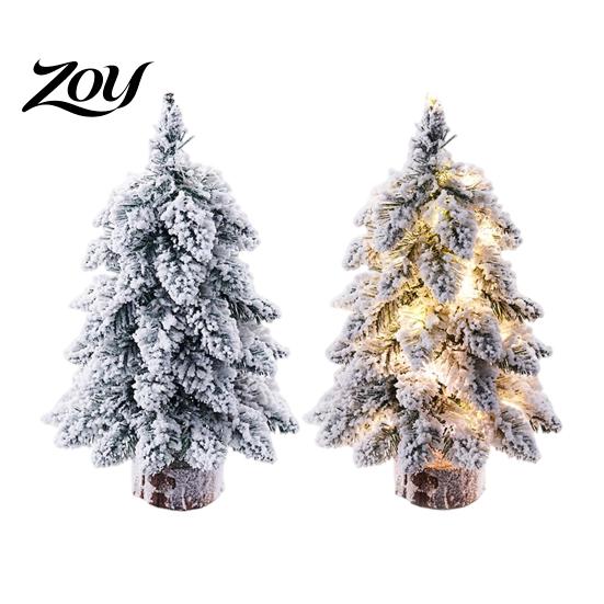 Artificial Cedar Tree with Wood Base Mini Flocked Christmas LED Lights, Small Tabletop Nordic Battery Operated Xmas Decoration Base, Rustic