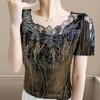 Летняя женская футболка Шикарная Сексуальная Кружевная Ажурная Вышивка Цветочная Лоскутная Сетка Топы Элегантный О-образный вырез Бриллианты Короткий рукав Футболки